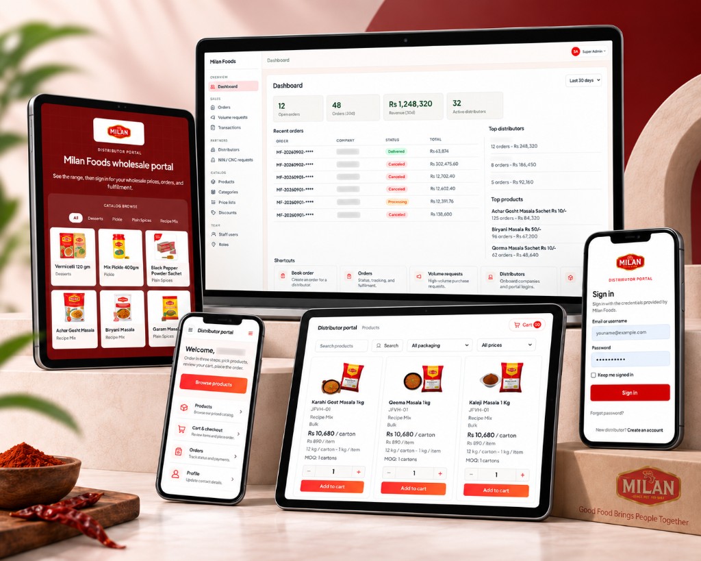 B2B distributor portal across dashboard, catalog, and mobile